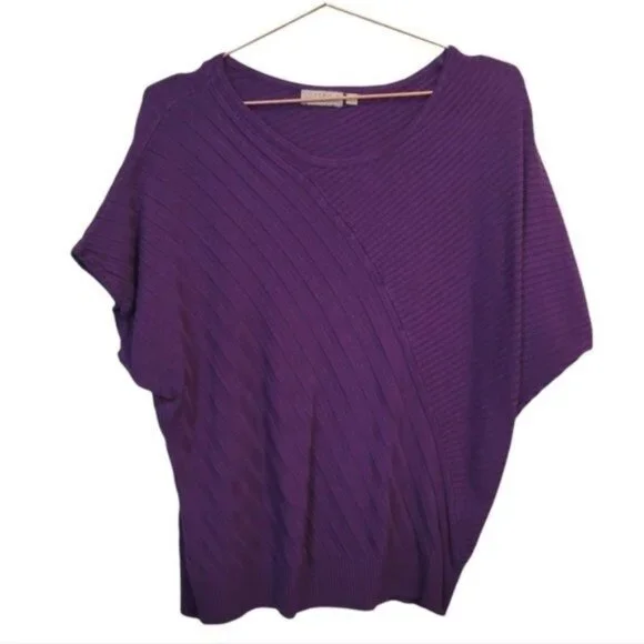 Joseph A | Short Sleeve Ribbed Round Neck Sweater Top Blouse Purple - Picture 1 of 5